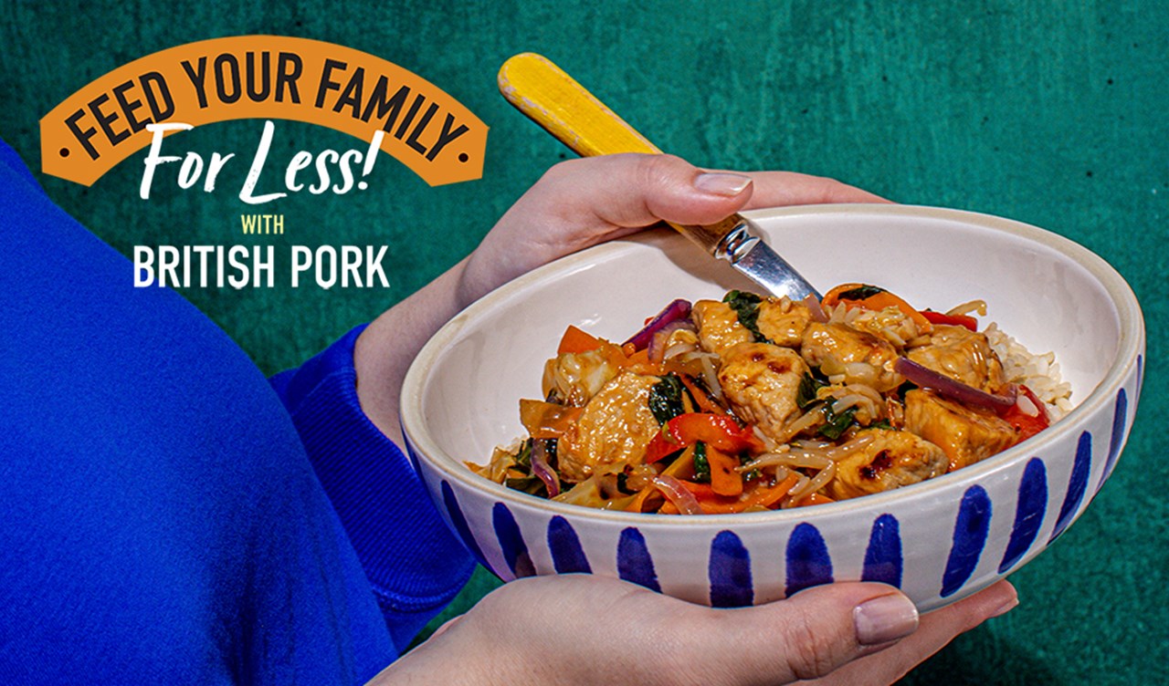 Hands holding a bowl of cooked pork and noodles